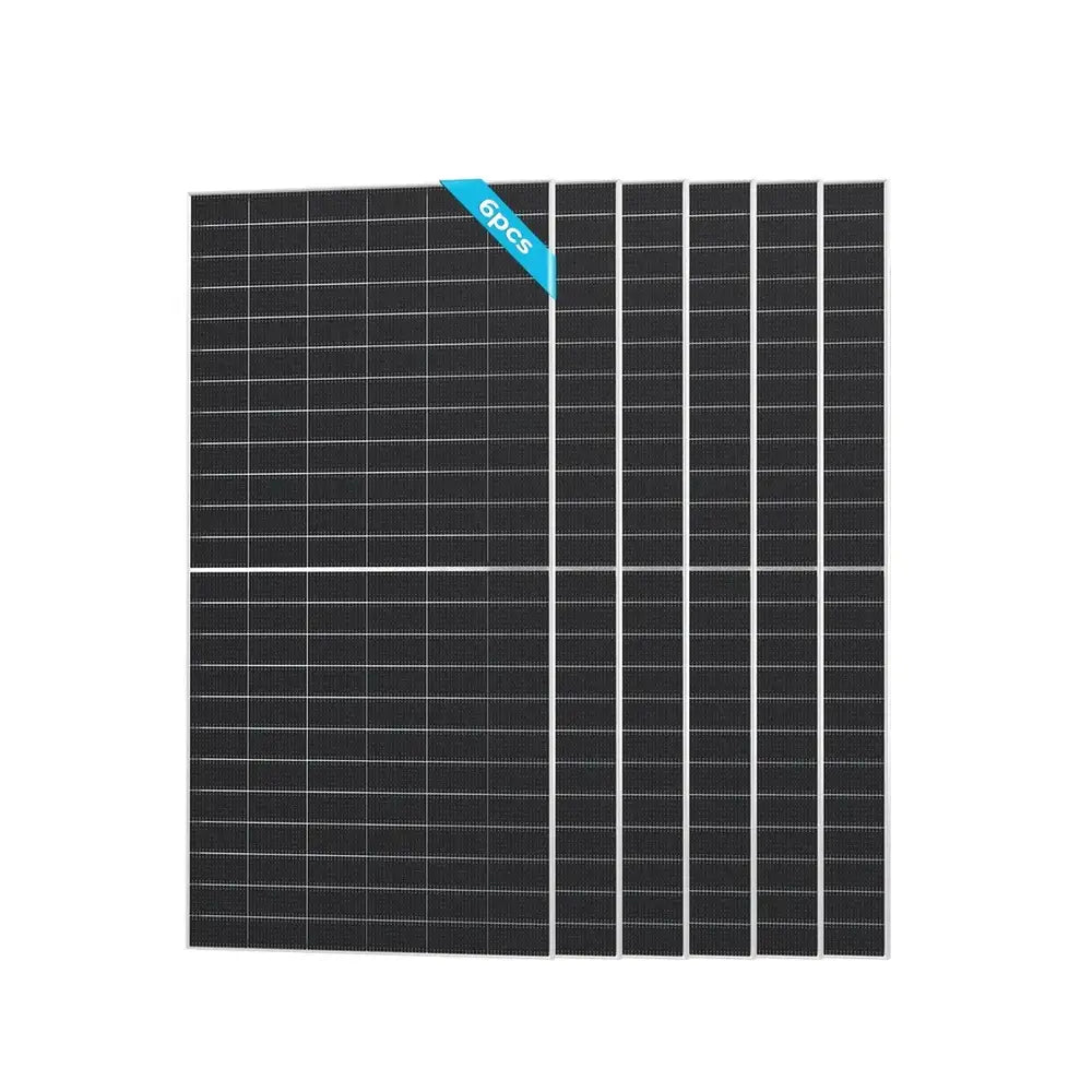 A bulk multi-pack array of six Renogy 590W N-Type Bifacial Solar Panels stacked together, labeled with a blue 6pcs ribbon on a plain white background.