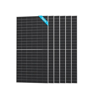 A bulk multi-pack array of six Renogy 590W N-Type Bifacial Solar Panels stacked together, labeled with a blue 6pcs ribbon on a plain white background.