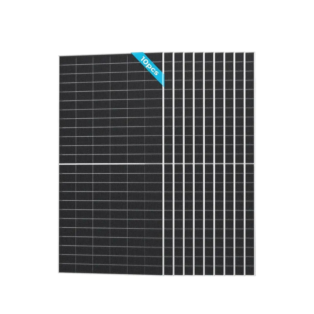 A bulk multi-pack array of ten Renogy 590W N-Type Bifacial Solar Panels stacked together, labeled with a blue 10pcs ribbon on a plain white background.