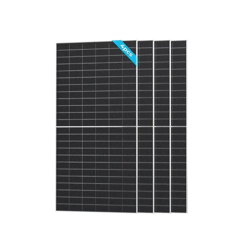 Renogy 4-Pack 590W Bifacial Solar Panels bundled together with a blue 4pcs corner tag, showcasing the sleek monocrystalline cell structure against a white background.