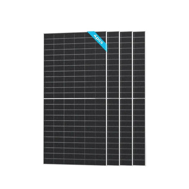 Renogy 4-Pack 590W Bifacial Solar Panels bundled together with a blue 4pcs corner tag, showcasing the sleek monocrystalline cell structure against a white background.