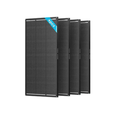 Renogy 4-piece pack of 120W ShadowFlux anti-shading rigid N-type solar panels for off-grid RV and marine power.