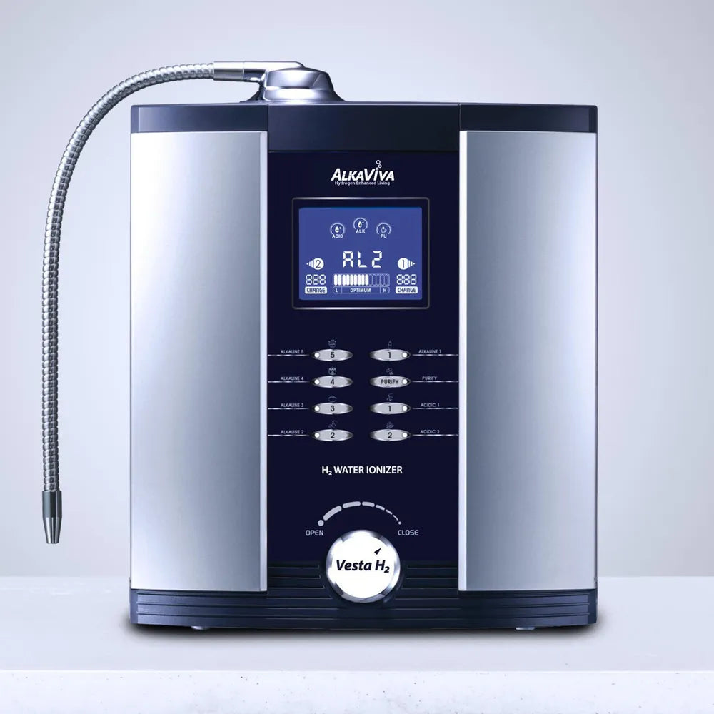 AlkaViva Vesta H2 water ionizer in silver finish on light background