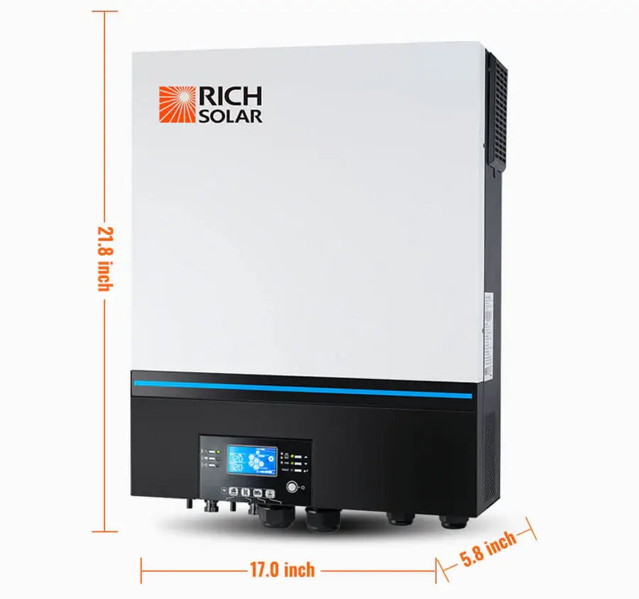 Size dimensions for Rich Solar 6500W 48V off-grid hybrid solar inverter with LCD display.
