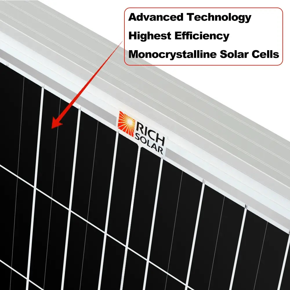 Close-up of the high-efficiency N-Type monocrystalline solar cells and brand logo on a Rich Solar MEGA 200 PRO panel.