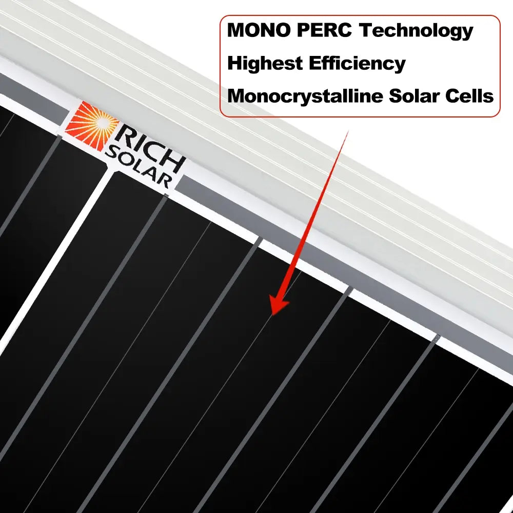 Macro shot of the Rich Solar 200W panel surface, highlighting Mono PERC technology for high-efficiency solar energy conversion.
