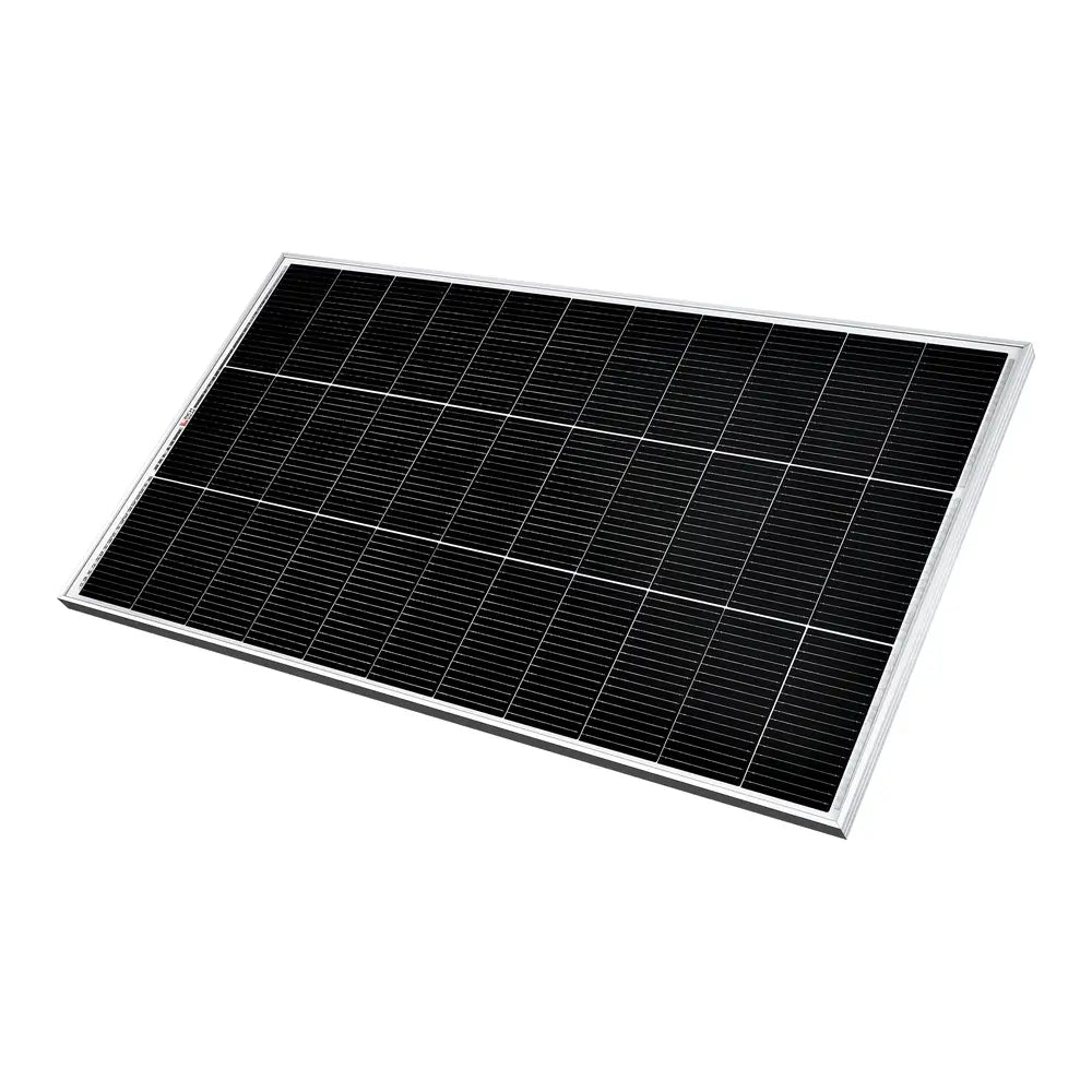 High-angle isometric view of a horizontally positioned Rich Solar MEGA 150W monocrystalline solar panel.