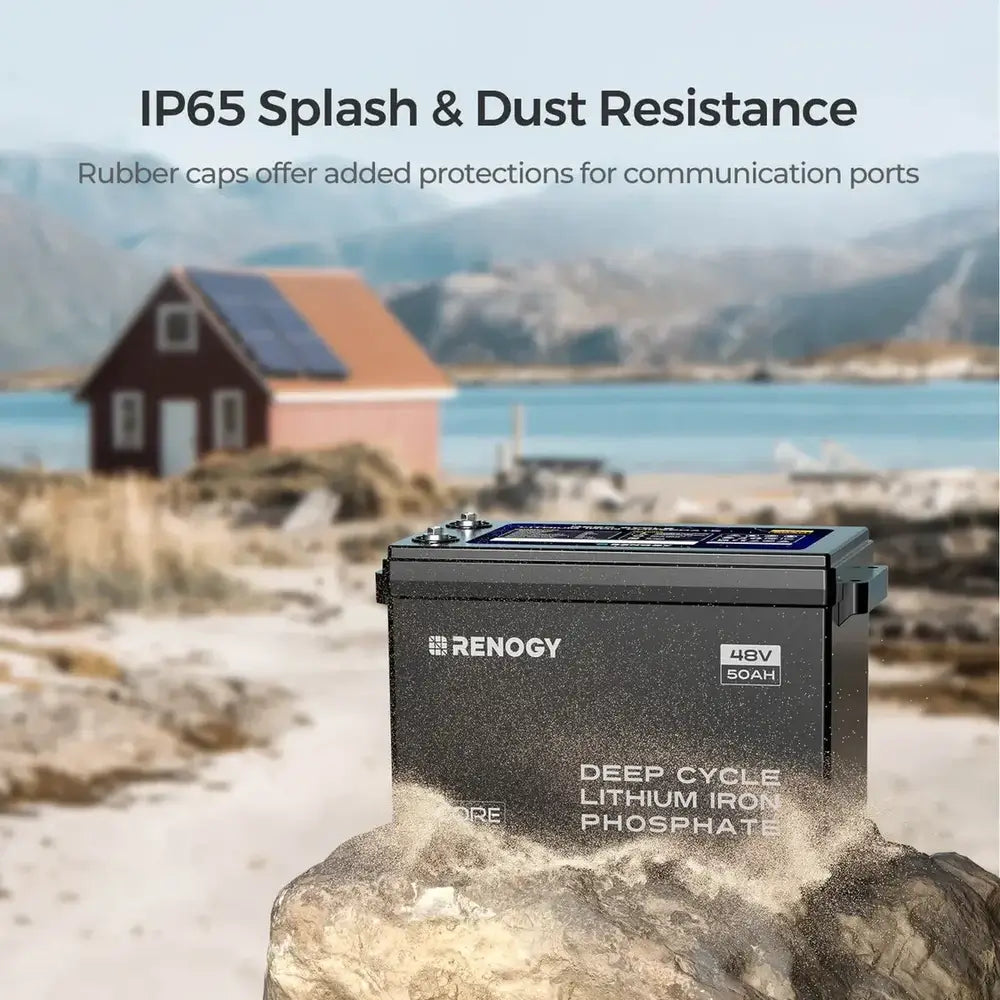 Renogy 48V 50Ah waterproof lithium battery placed outdoors on a dusty rock highlighting IP65 splash and dust resistance with protective rubber port caps.