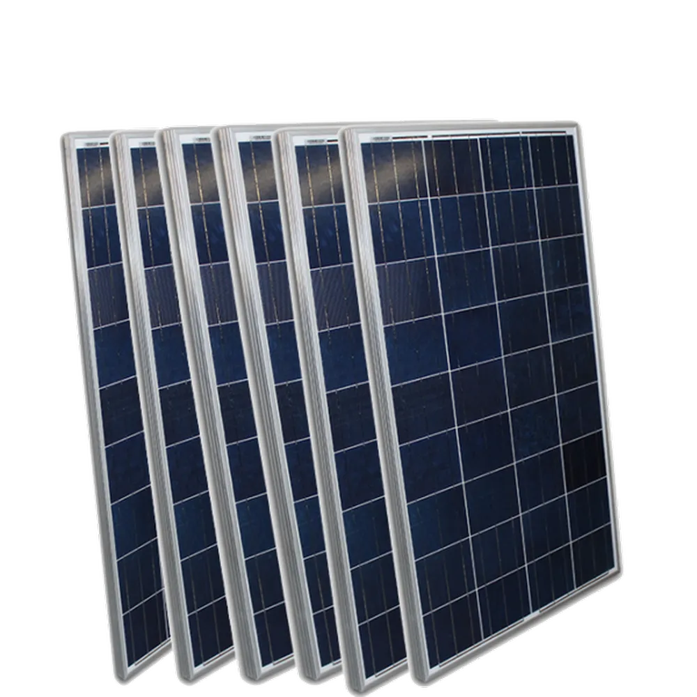 Six-pack of AIMS Power monocrystalline solar panels shown stacked at an angle, featuring dark blue photovoltaic cells, silver aluminum frames, and grid-pattern solar modules for RV, off-grid, and renewable energy systems.