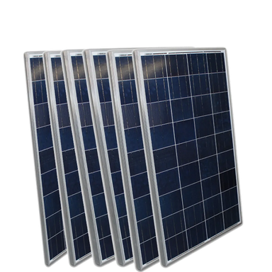 Six-pack of AIMS Power monocrystalline solar panels shown stacked at an angle, featuring dark blue photovoltaic cells, silver aluminum frames, and grid-pattern solar modules for RV, off-grid, and renewable energy systems.