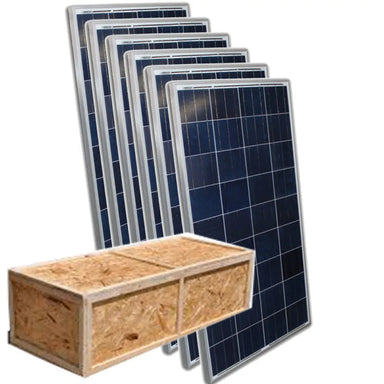 Six-pack of AIMS Power 330W monocrystalline solar panels shown standing in a staggered row behind a wooden shipping crate, featuring dark blue photovoltaic cells, silver aluminum frames, and off-grid solar power system packaging.