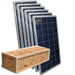 Ten-pack of AIMS Power 555W mono solar panels shown stacked behind a wooden shipping crate, ideal for residential solar arrays, RV power, and backup energy systems.