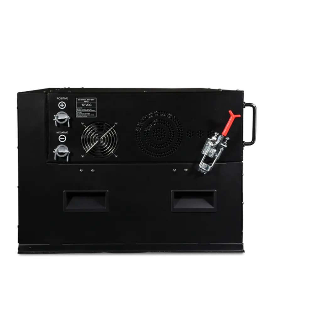 Side panel view of AIMS Power solar generator with 12V battery terminals, cooling fan vents, latch, and recessed handles.