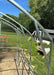 Close-up of the heavy-duty galvanized steel frame assembly for a GreenhouseToGrow Magnolia 10x32.5 Greenhouse Kit in a sunny backyard.