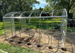 The full skeleton frame of a Magnolia 10x13 Greenhouse Kit installed in a backyard with visible ground anchor holes for stability.