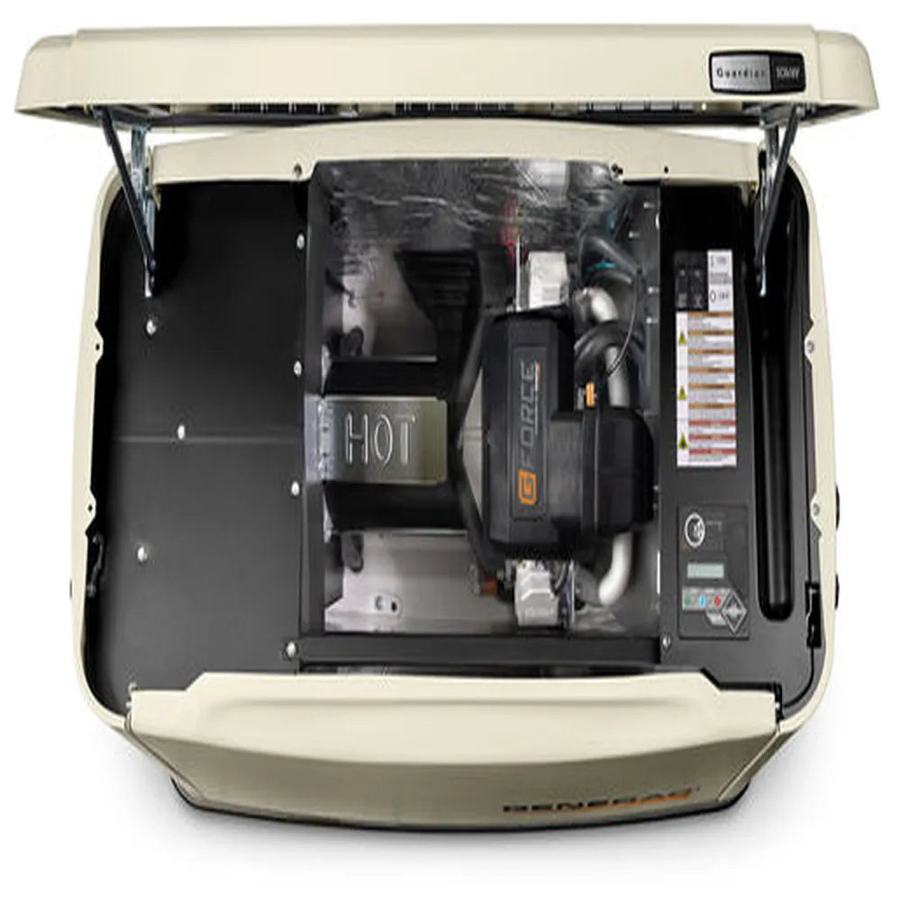 Open Generac 10kW standby generator showing G-Force engine and internal control components