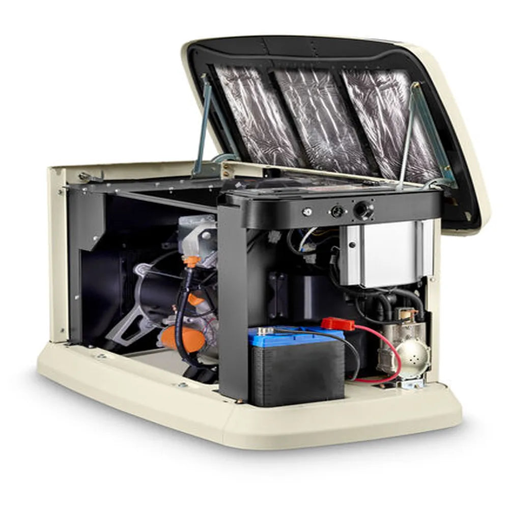 Generac 10kW aluminum standby generator with open enclosure showing battery and engine components