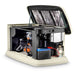 Generac 10kW aluminum standby generator with open enclosure showing battery and engine components