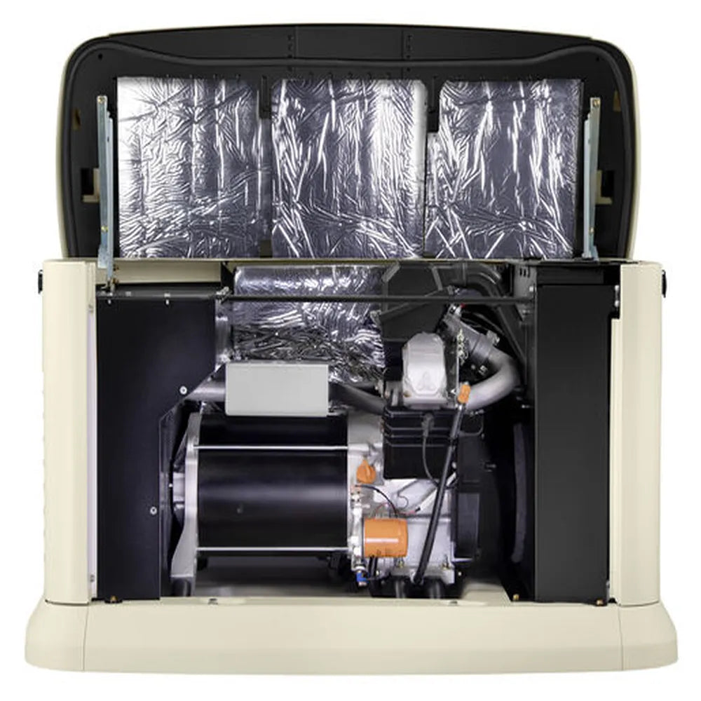 Front view of open Generac 10kW standby generator with insulated lid and internal motor assembly