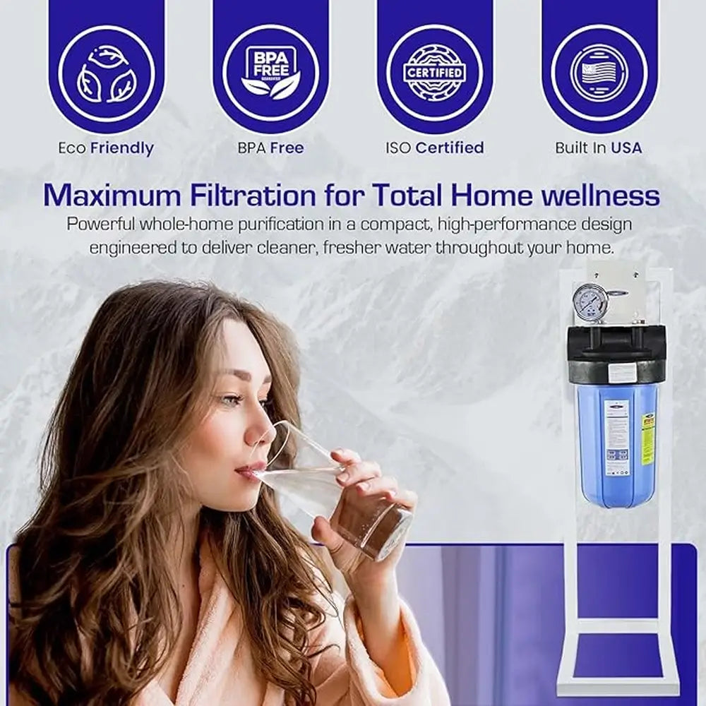 Crystal Quest water filter certification icons for Eco-Friendly, BPA Free, ISO Certified, and Built in USA alongside a woman drinking clean water.