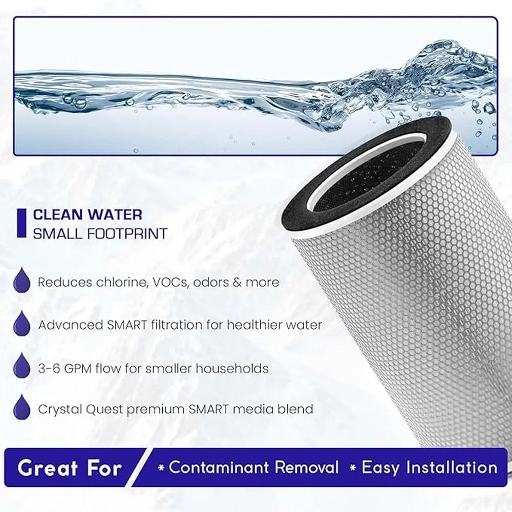 Close-up of a Crystal Quest SMART filter cartridge showing the mesh exterior and 3-6 GPM flow rate specifications for small households.