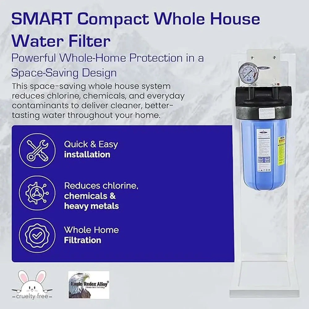 Space-saving SMART Compact Whole House Water Filter feature list highlighting heavy metal removal and quick installation.