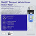 Space-saving SMART Compact Whole House Water Filter feature list highlighting heavy metal removal and quick installation.
