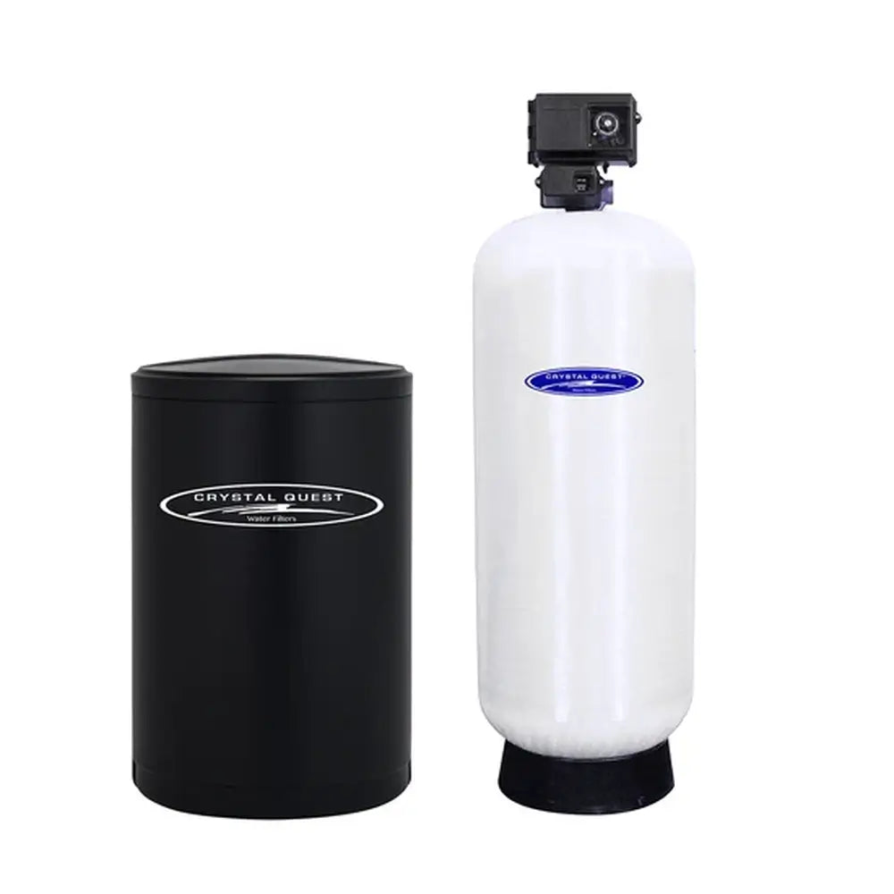 Crystal Quest commercial water softener system featuring a medium-sized white tank and black salt brine tank.