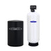 Crystal Quest commercial water softener system featuring a medium-sized white tank and black salt brine tank.