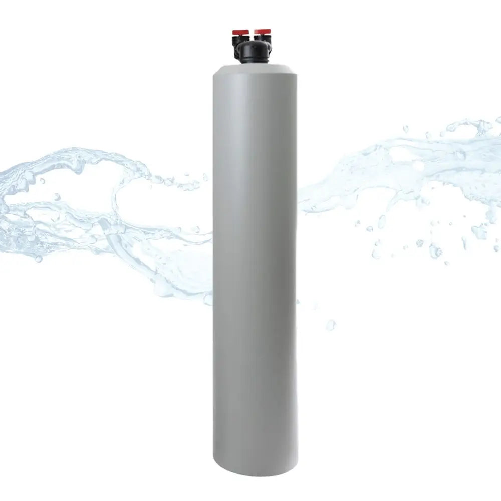 AlkaViva UltraHome Premium Grande Filtration whole house water filter tank featuring a grey cylindrical design against a white background with a blue water splash.