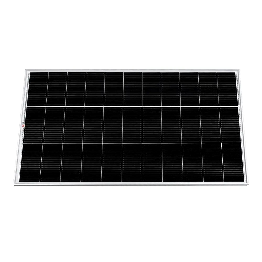 Flat horizontal front view of the Rich Solar MEGA 150W solar panel on a clean white background.