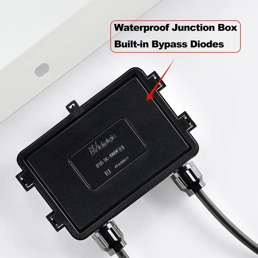 Close-up of the waterproof IP65-rated junction box on the back of the Rich Solar 200W panel with built-in bypass diodes.
