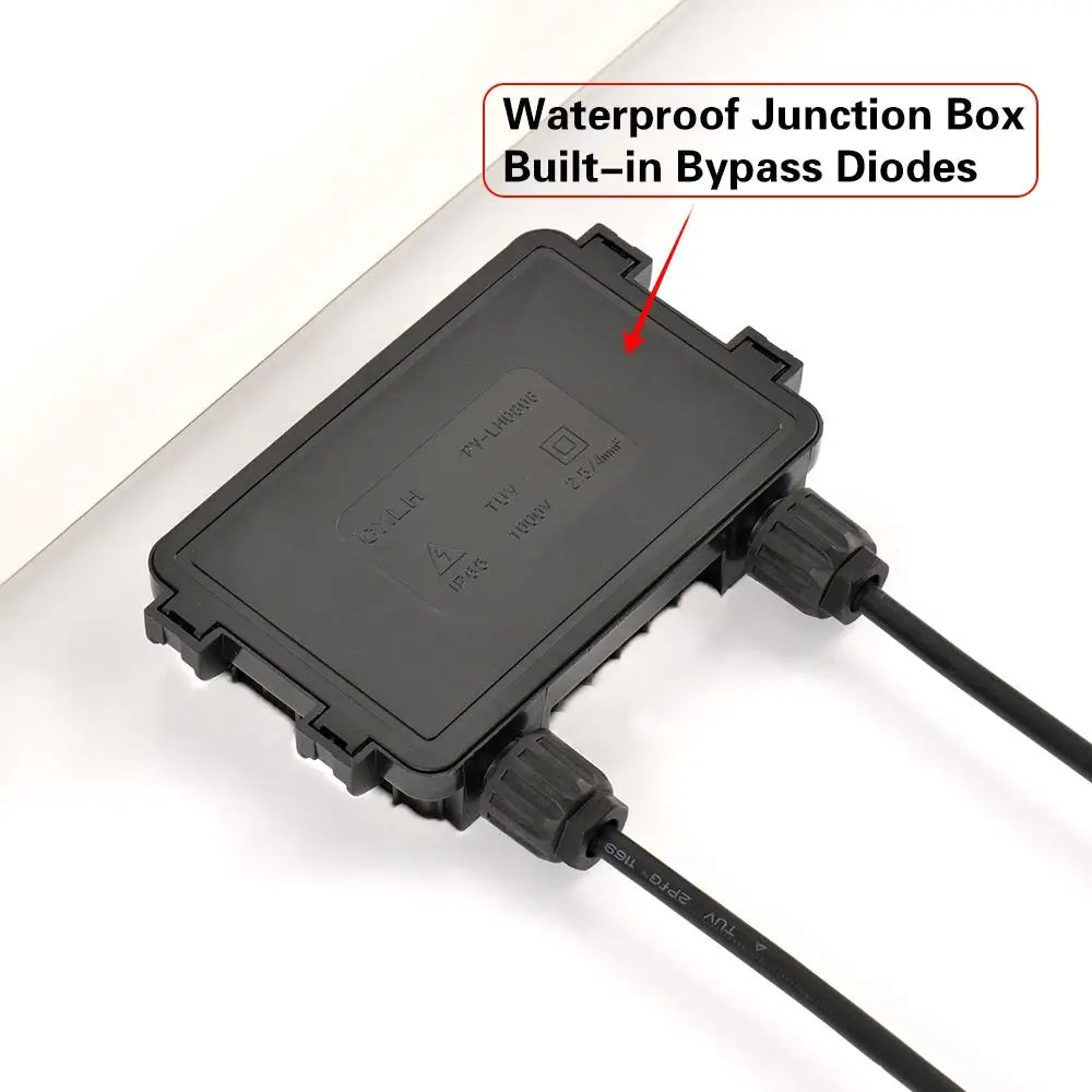 Waterproof IP65 junction box with built-in bypass diodes on the back of a Rich Solar 24V solar panel.
