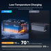 Low-temperature charging comparison infographic showing Renogy Pro lithium battery charging 70% faster below freezing with built-in intelligent heating pads.