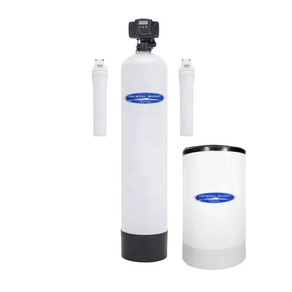 Crystal Quest Lead Whole House Filtration System with white tank, filter housings, and brine tank.