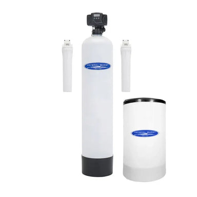 Crystal Quest Lead Whole House Filtration System with white tank, filter housings, and brine tank.