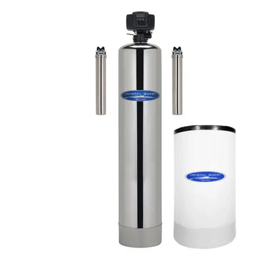 Crystal Quest stainless steel lead whole house water filter with tank, side filters, and brine tank.