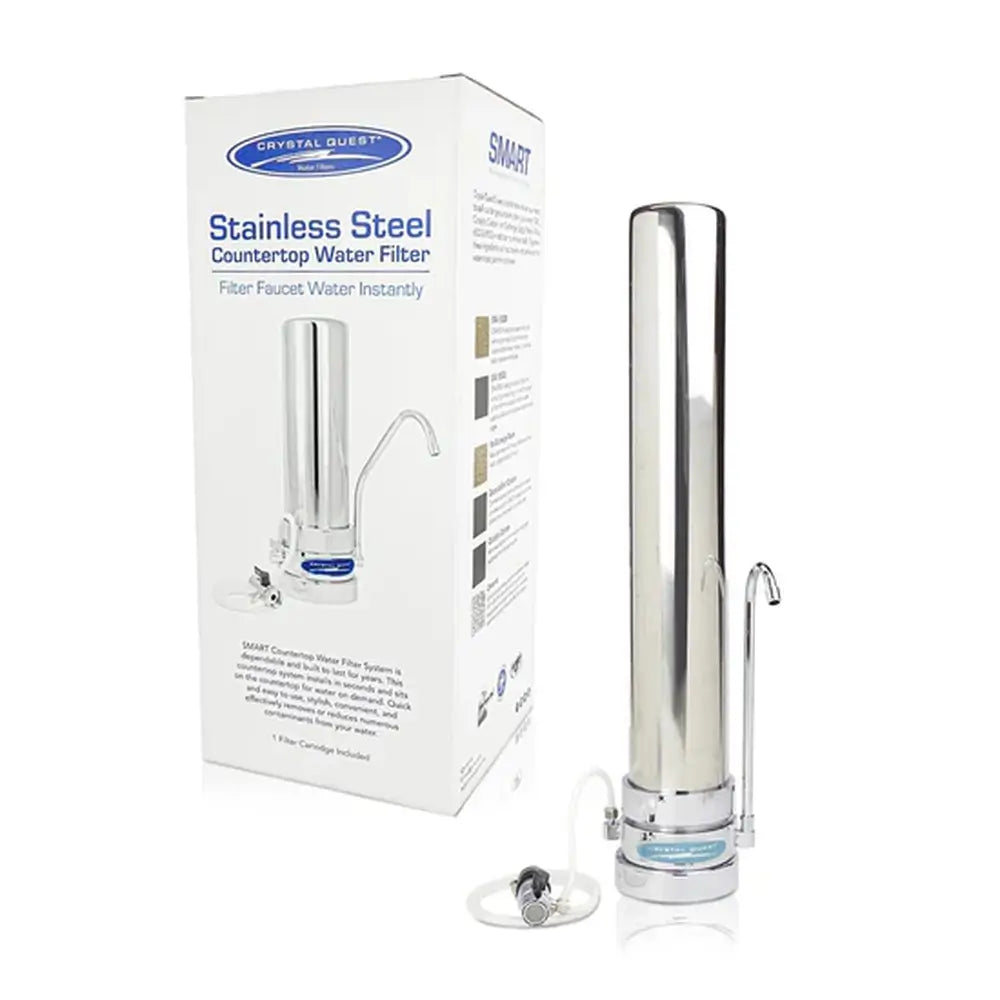Crystal Quest 80,000 Gallon Single Stainless Steel Countertop Water Filter system with retail packaging and faucet diverter.