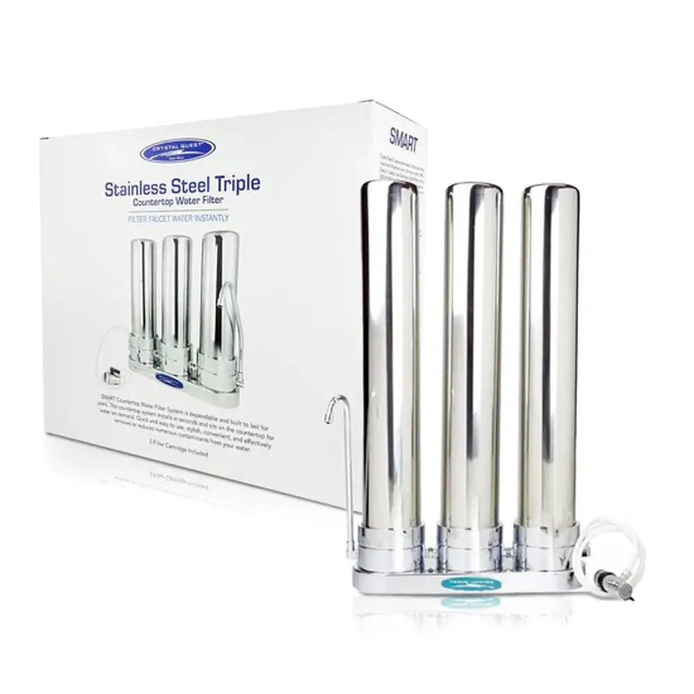 Crystal Quest Triple Stainless Steel Countertop Water Filter 80,000 Gallon system with retail box and SMART filtration technology.