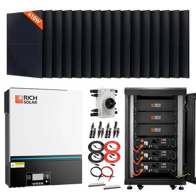Complete Rich Solar 15.36kWh 6560W PV off-grid solar kit system components including 16 410W solar panels, hybrid inverter, and battery rack.