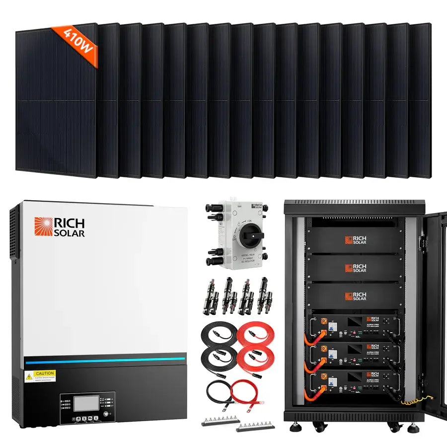 Complete Rich Solar 15.36kWh 6560W PV off-grid solar kit system components including 16 410W solar panels, hybrid inverter, and battery rack.