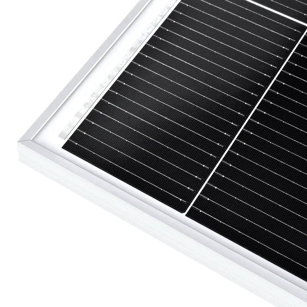 Close-up detail of the durable anodized aluminum frame corner and monocrystalline cells of a Rich Solar 150W solar panel.