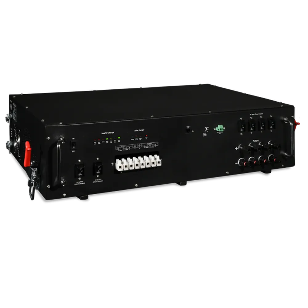 Front view of AIMS Power AIO-12V 5.58kWh solar generator with inverter charger, PV inputs, AC output ports, and status indicators.