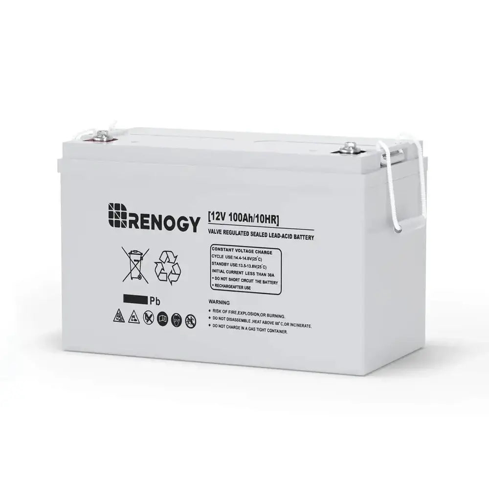 Studio shot of the Renogy 12V 100Ah Deep Cycle AGM Battery, a valve-regulated sealed lead-acid battery designed for off-grid solar power systems and RV applications.