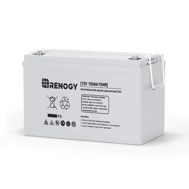 Studio shot of the Renogy 12V 100Ah Deep Cycle AGM Battery, a valve-regulated sealed lead-acid battery designed for off-grid solar power systems and RV applications.