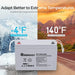 Renogy 12V 100Ah AGM Battery extreme temperature performance infographic illustrating a dependable discharge range from -4°F to 140°F in snowy and desert climates.