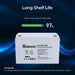 Renogy 12V 100Ah Deep Cycle AGM Battery long shelf life infographic demonstrating a low self-discharge rate with 97% battery capacity remaining after one month of storage.