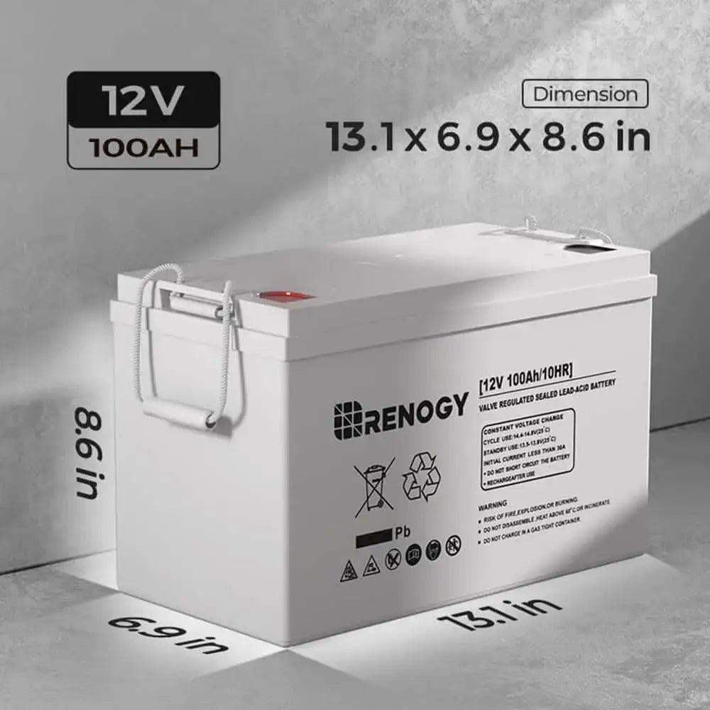 Physical dimensions diagram of the Renogy 12V 100Ah Deep Cycle AGM Battery detailing measurements of 13.1 x 6.9 x 8.6 inches.