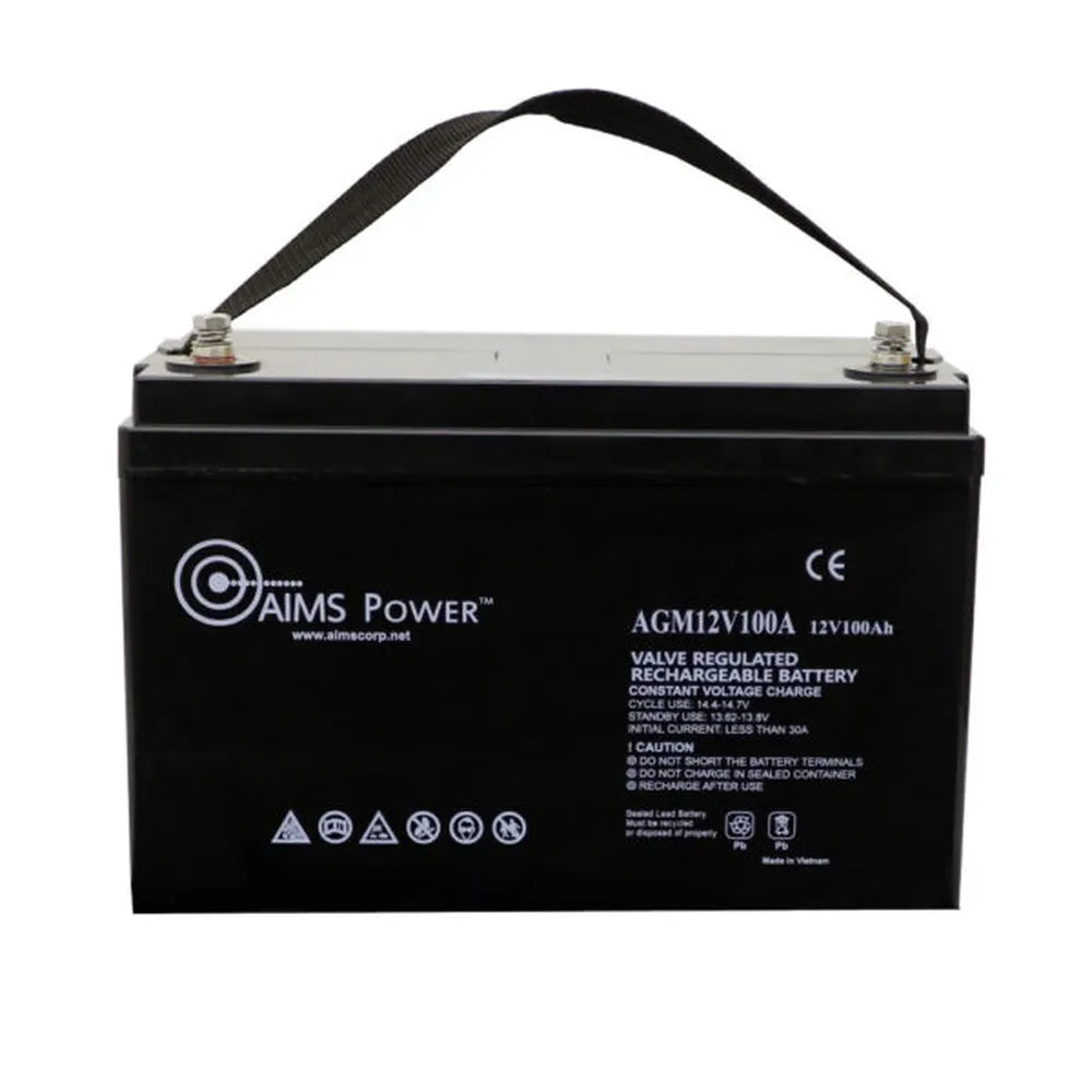 AIMS Power 12V 100Ah AGM deep cycle battery with carry strap, front label, top terminals, and black sealed case.