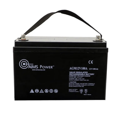 AIMS Power 12V 100Ah AGM deep cycle battery with carry strap, front label, top terminals, and black sealed case.